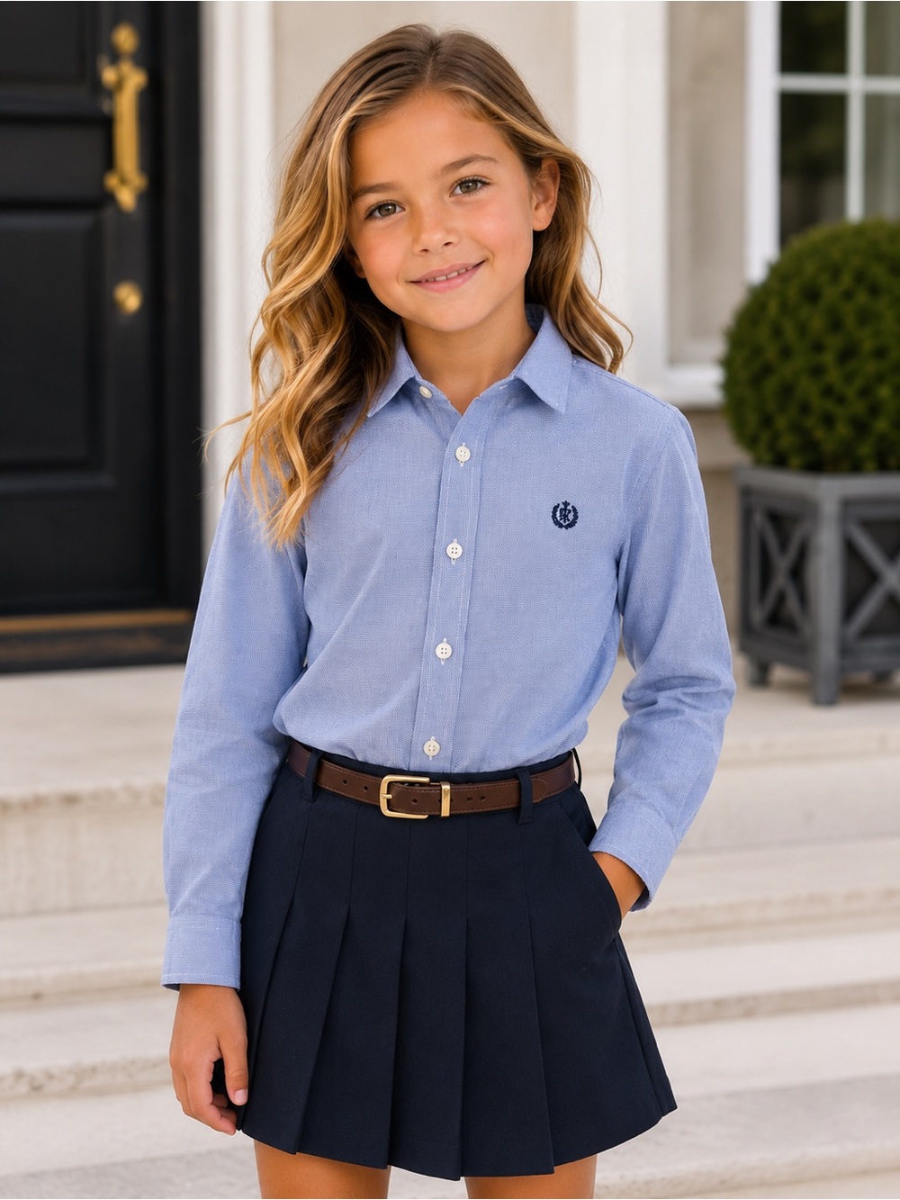 Lauren Ralph Lauren Girls Light Blue Button-Down Shirt Size 8 Long Sleeve Peeppy
